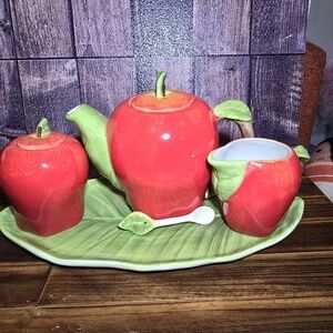 Apple Tea Set with Tray Ceramic Red Green Leaf Design Teapot Creamer Sugar Bowl